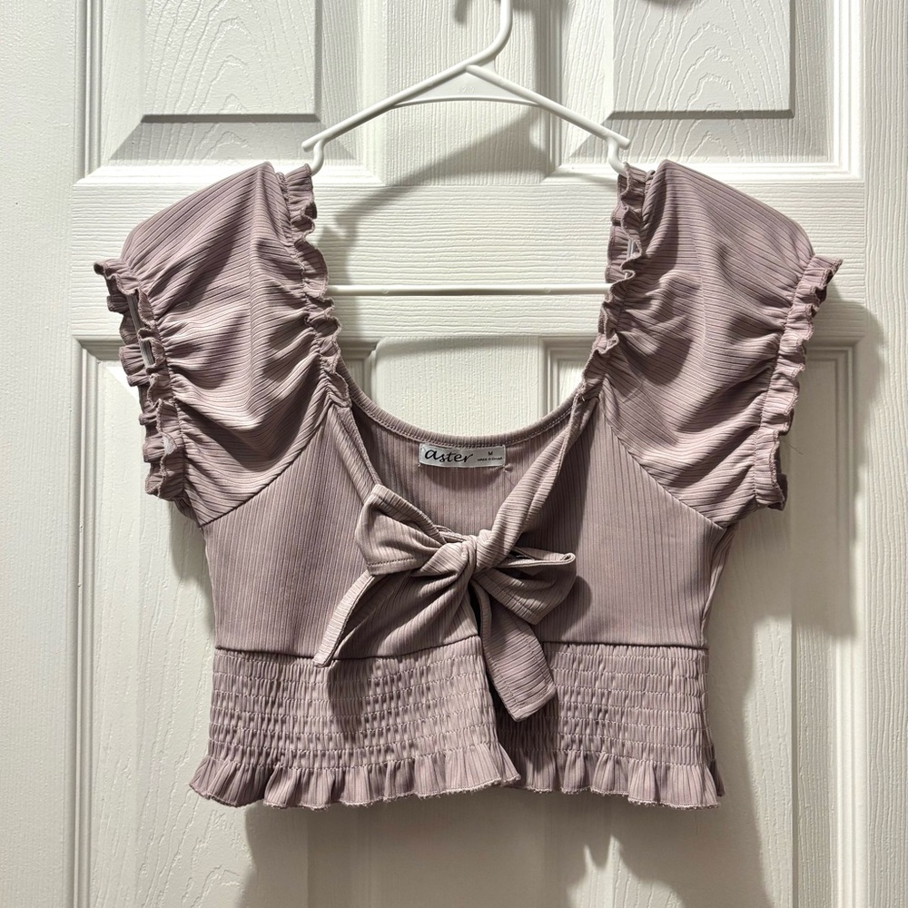 Purple Crop Top with Puff Sleeves and Bow